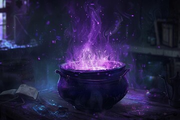 A pot bubbling with purple flame, emitting an eerie glow, A cauldron bubbling with mysterious potions