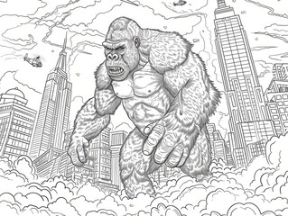 King Kong City Adventure: Cartoon Design for Children's Coloring Book.