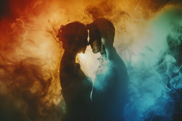 A woman stands with hands on head amidst swirling smoke, A celebration of love between two individuals
