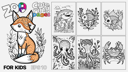 A set of six cat coloring pages for kids. The pages feature different types of sea animals and are designed for children to color. Kindle. POD.