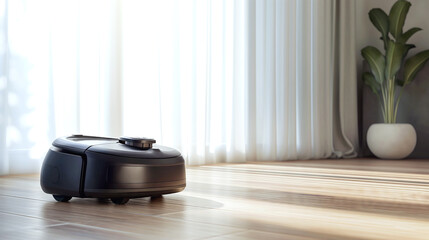 Modern robotic vacuum cleaner on hardwood floor near window with sheer curtains and decorative plant. Setting highlights contemporary home automation and clean interior design