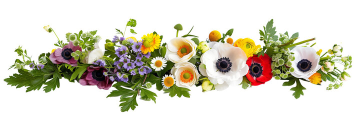 set of  groupings of ranunculus, anemones, and asters with wild herbs and foliage, isolated on transparent background