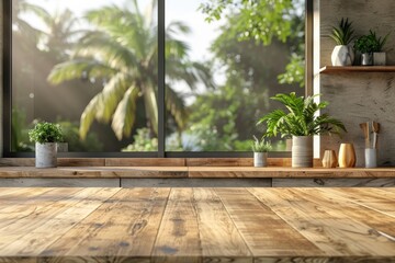 Fototapeta premium A window with a view of a palm tree and a plant on a wooden table