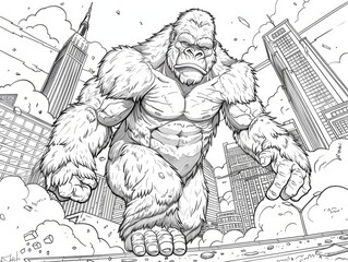 King Kong City Adventure: Cartoon Design for Children's Coloring Book.