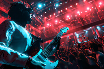 A man playing an electric guitar in front of a crowd