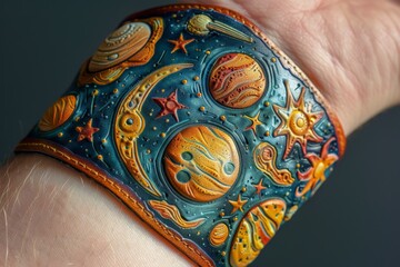 Detailed view of a hand adorned with a leather bracelet, A celestial scene with planets and stars wrapping around the wrist