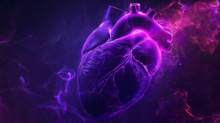 Vibrant purple-lit human heart with swirling smoke