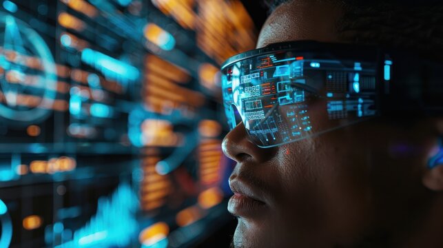 A close up of a person wearing augmented reality glasses.