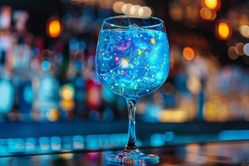A glass filled with a celestial-themed cocktail, featuring constellations and mysterious ingredients, resting on a table, A celestial-themed cocktail with constellations and cosmic patterns