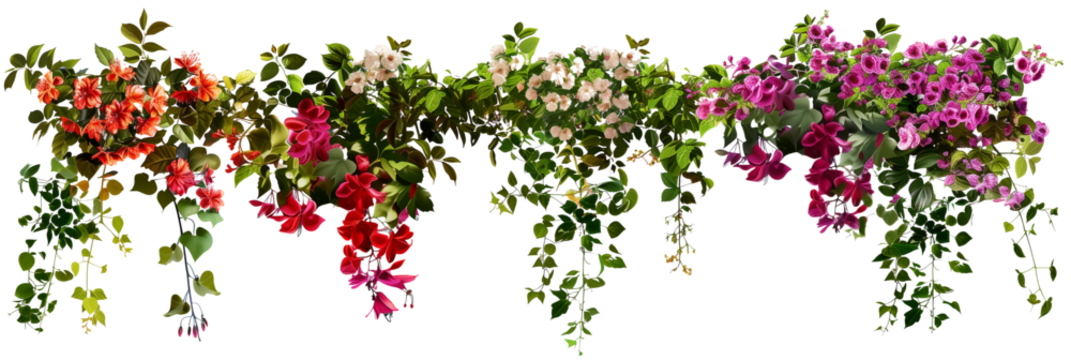 set of types of flowering creepers with blooms of various colors, isolated on transparent background