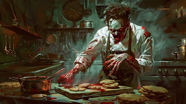 zombie chef cooking up a feast of human flesh
