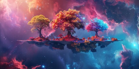 Surreal Fantasy Landscape With Vibrant Trees Reflecting On A Tranquil Cosmic Lake. Generative AI