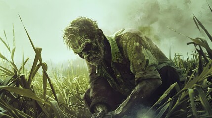zombie farmer tending to his crop of sugar cane 