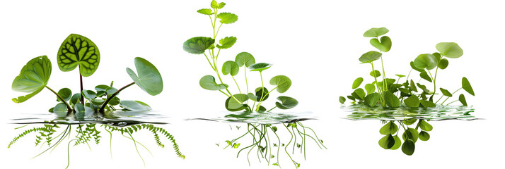 set of aquatic creepers with leaves floating on water surfaces, isolated on transparent background