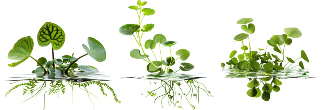 set of aquatic creepers with leaves floating on water surfaces, isolated on transparent background