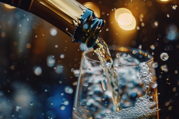 A bottle of champagne being poured into a glass, with bubbles cascading down, A champagne bottle popping open, with bubbles cascading down