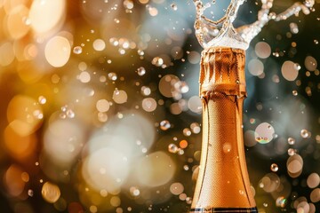 A champagne bottle with a crown on top being opened, bubbles cascading, A champagne bottle popping open, with bubbles cascading down