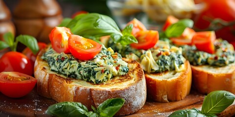 Delicious Italian Toast with Spinach Artichoke Dip: A Flavorful Appetizer. Concept Italian Toast Recipe, Spinach Artichoke Dip, Flavorful Appetizer, Tasty Appetizer, Savory Snack