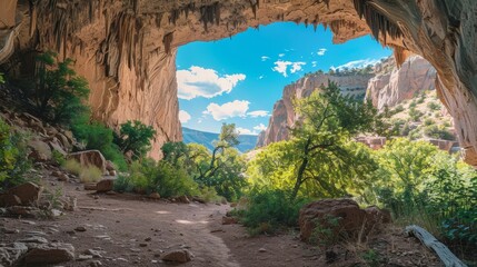 Scenic view of a lush green canyon with a blue sky and clouds