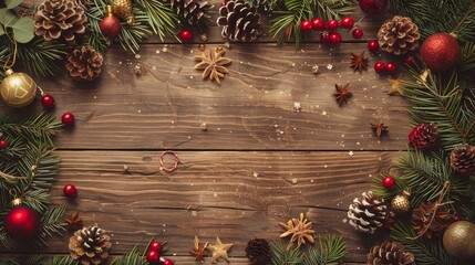 Festive Christmas holiday background with pine branches, pine cones, and decorations