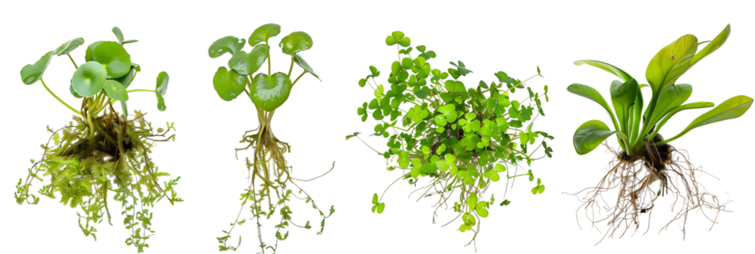 set of aquatic creepers suitable for water gardens, with floating roots and leaves, isolated on transparent background