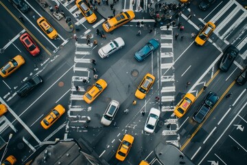 Chaotic intersection in the city with vehicles honking, pedestrians crossing, and traffic congestion, A chaotic intersection with cars honking and pedestrians crossing