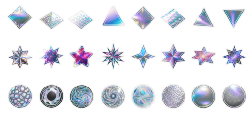 Set of various holographic blank stickers in various shapes and angles. Unique geometric shapes. Premium cutout transparent background collection PNG. Square, star, triangular, rounded. 