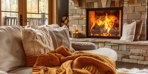 Cozy living room with a comfortable sofa and pillows and candles, autumn home decor