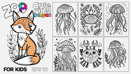 A set of six cat coloring pages for kids. The pages feature different types of sea animals and are designed for children to color. Kindle. POD.