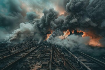 Obraz premium Large amount of smoke billowing out of a building, creating a chaotic scene of twisted metal and debris, A chaotic scene of twisted metal and smoke on the railway tracks