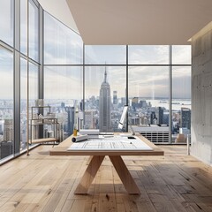 modern office workspace with city skyline view
