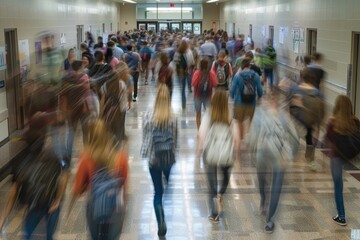A bustling scene in a school hallway as a large group of students walk through in a rush, A chaotic school hallway filled with students rushing to their next class
