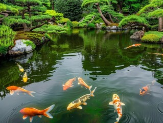 Vibrant Japanese garden pond with colorful koi fish