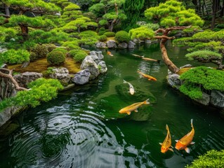 Lush Japanese garden with koi pond