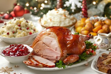 Delicious Christmas dinner with roasted turkey, side dishes, and festive decorations
