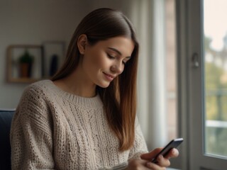 A young woman in a sweater using her smartphone at home, focusing on communication and social media.