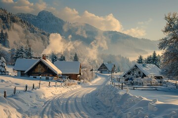 Snowy winter landscape with traditional alpine houses