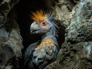 Colorful bird in dark cave
