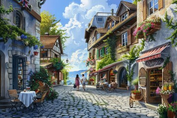 A painting of a woman strolling along a cobblestone street in a European town, A charming cobblestone street in a European town with a family browsing quaint shops and enjoying gelato