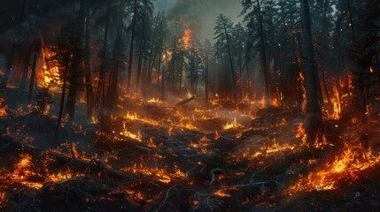 A forest fire burns through the trees, consuming everything in its path.