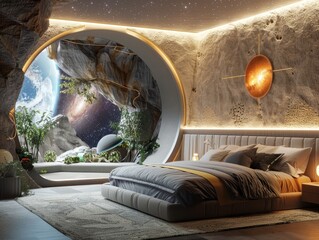 Futuristic bedroom with cosmic landscape window
