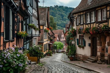 Traditional cobblestone street in a European village with old buildings and vintage lanterns, A...