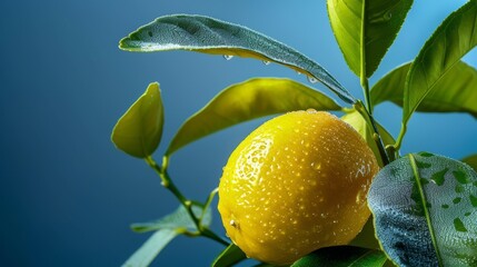 Close-up of a ripe yellow lemon with water droplets on a branch