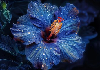 Vibrant blue hibiscus flower with dew drops