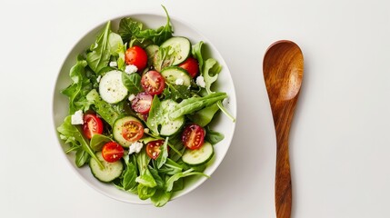 fresh green salad with vegetables and wooden spoon