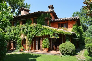A spacious European villa with a terracotta roof surrounded by lush green plants, A charming European villa with a terracotta roof and ivy-covered walls