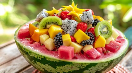 Colorful fresh fruit salad in a watermelon bowl