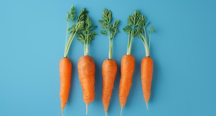 Fresh organic carrots with green tops on blue background