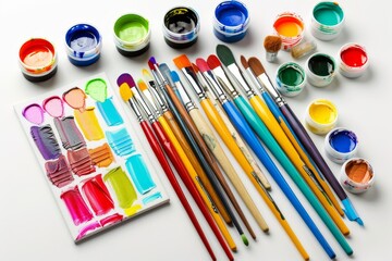 Assortment of colorful art supplies and paint