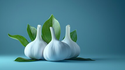 fresh garlic with green leaves on blue background